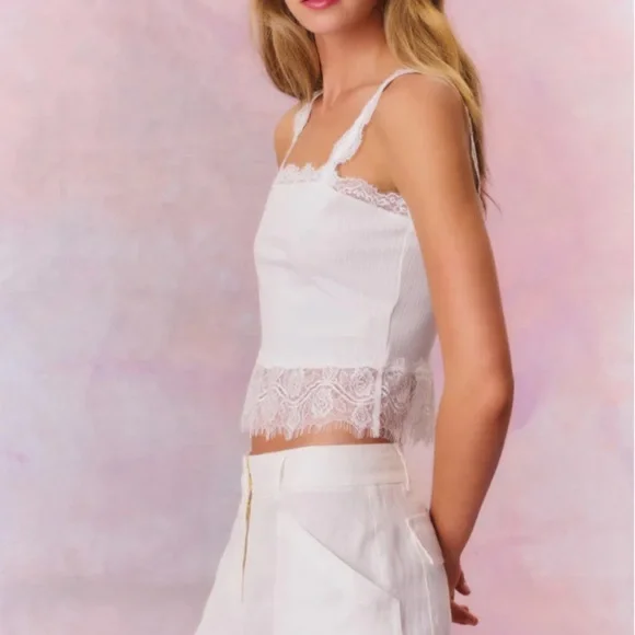 LoveShackFancy Septa Ribbed Knit Lace Cami WhiteNWT